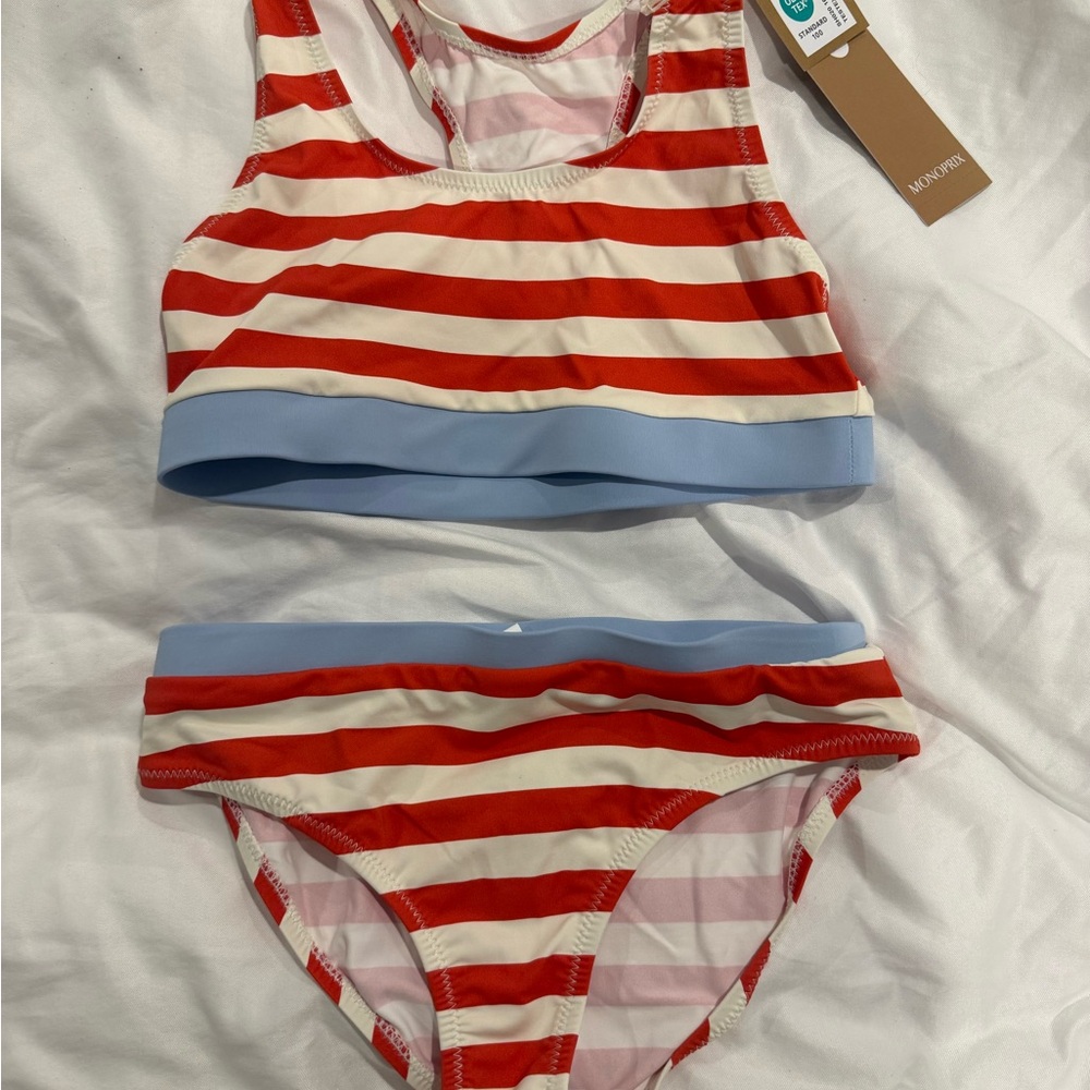 Red and White Striped Bikini with Blue Accents, new with tags